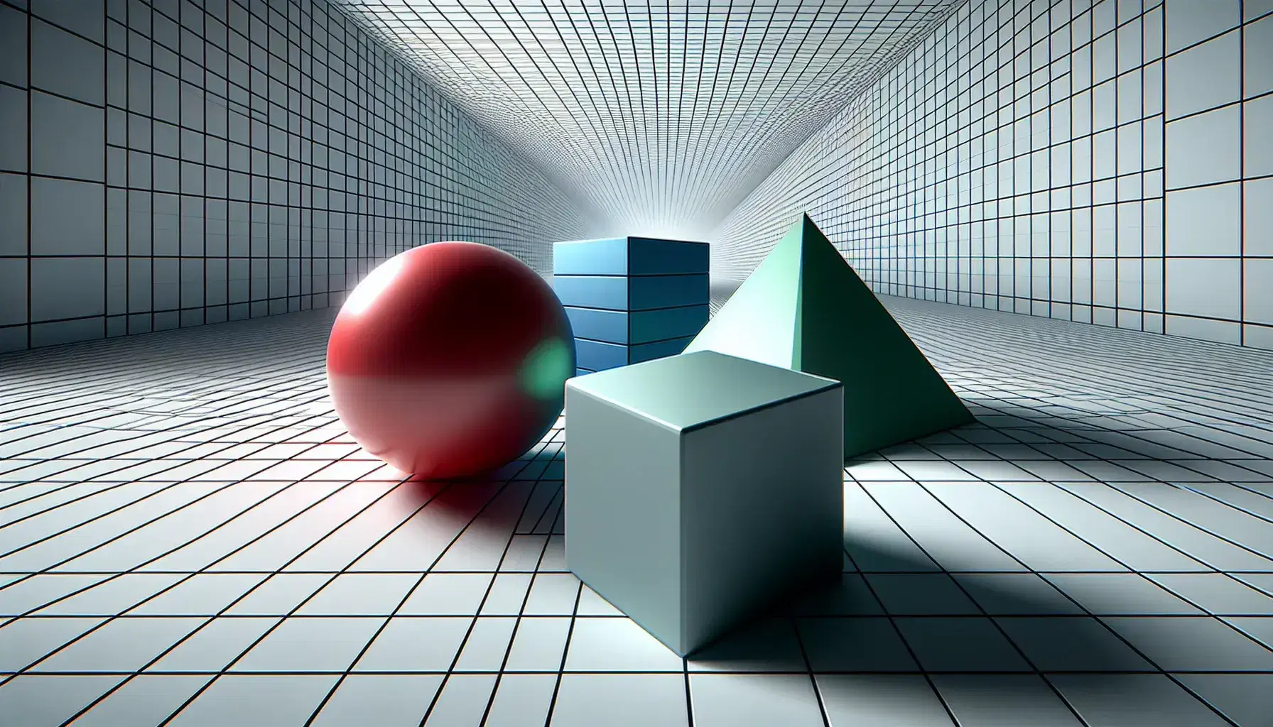 Three geometric shapes on a grid: a reflective red sphere, a sharp-edged blue cube, and a matte green pyramid with cast shadows from an upper left light source.