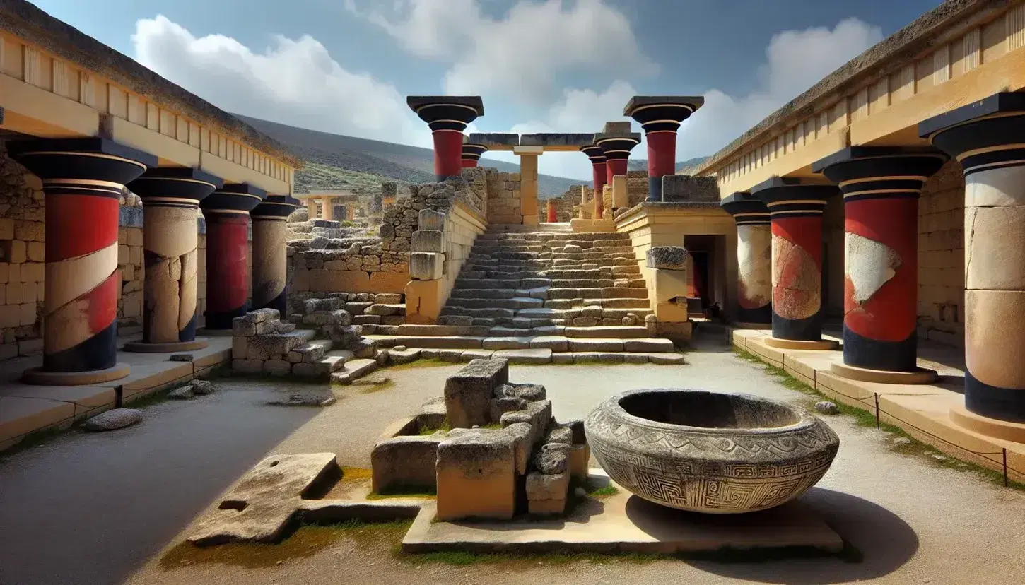 Ruinas del palacio de Knossos con escalinata de piedra, columnas rojas y negras y un altar circular en un patio, bajo un cielo azul.