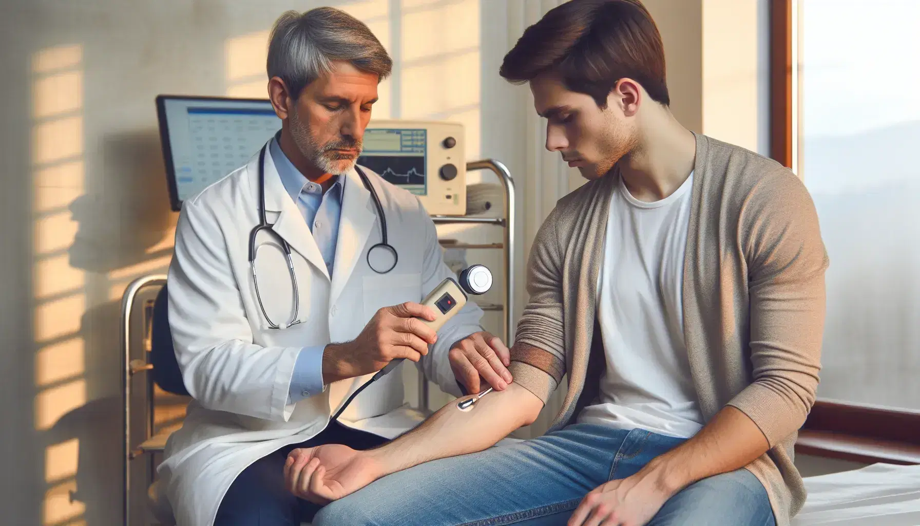 Medico in camice bianco misura la soglia del dolore con un algometro sul braccio di un paziente attento in una stanza illuminata.