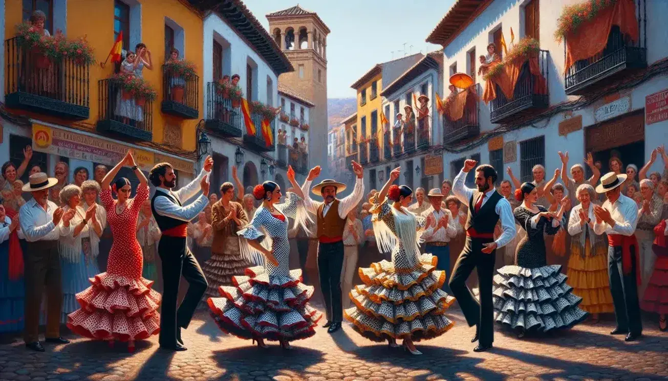 Flamenco dancers in red and white polka-dot dresses perform on a cobblestone street in a Spanish town, surrounded by clapping onlookers under a clear blue sky.