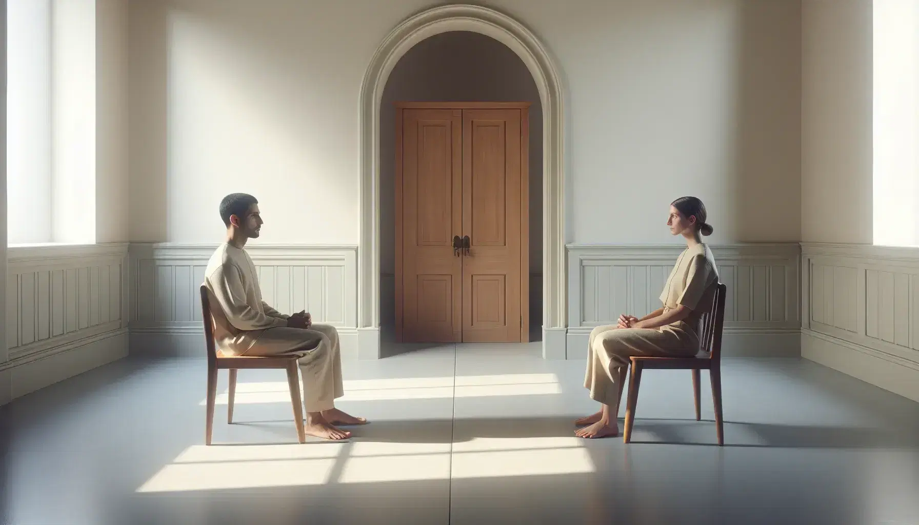 Hombre del sur de Asia y mujer caucásica sentados frente a frente en sillas de madera en una habitación serena con iluminación suave y paredes claras.