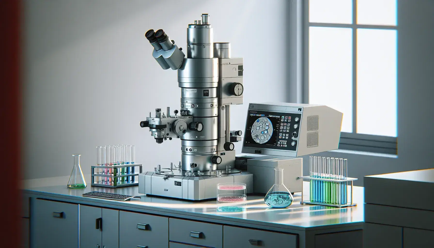Microscopio elettronico a trasmissione grigio metallico su tavolo da laboratorio con provette colorate e piastra Petri, in ambiente scientifico luminoso.