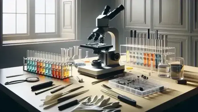 Mesa de laboratorio con microscopio, tubos de ensayo con líquidos de colores, guantes de látex y caja con pinzas, en investigación forense.