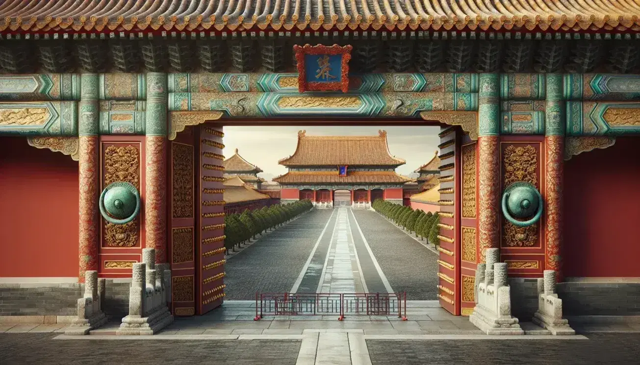 Forbidden City gate with brass knockers, flanked by manicured trees in a stone courtyard, leading to buildings with yellow-tiled, upturned roofs under a clear sky.