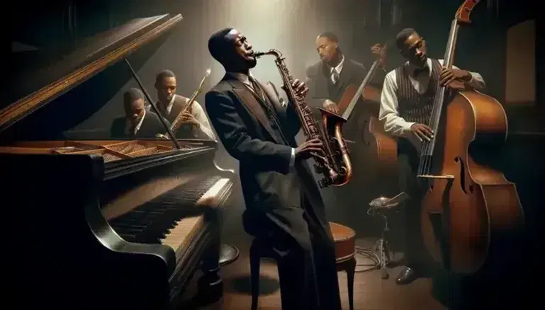 Gruppo di musicisti jazz afroamericani in un locale d'epoca con sassofonista, pianista, contrabbassista e batterista in performance.