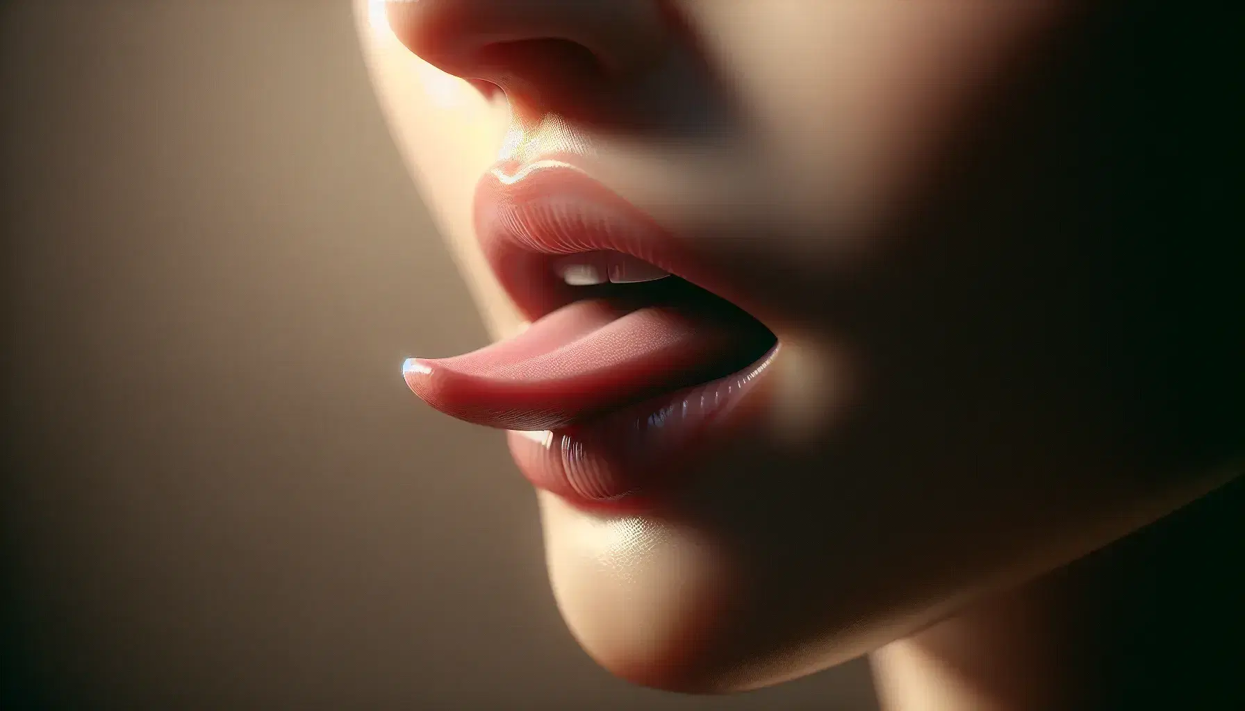 Close-up view of a human mouth with slightly parted lips and the tip of the tongue touching the upper teeth, ready to articulate a sound.