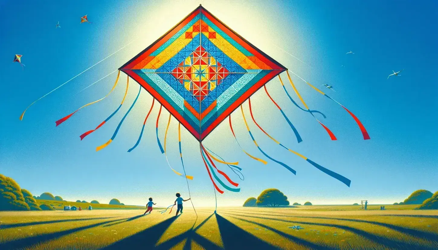 Bright diamond-shaped kite with red border and yellow center flies in clear blue sky, with two children playing below on a sunny day.