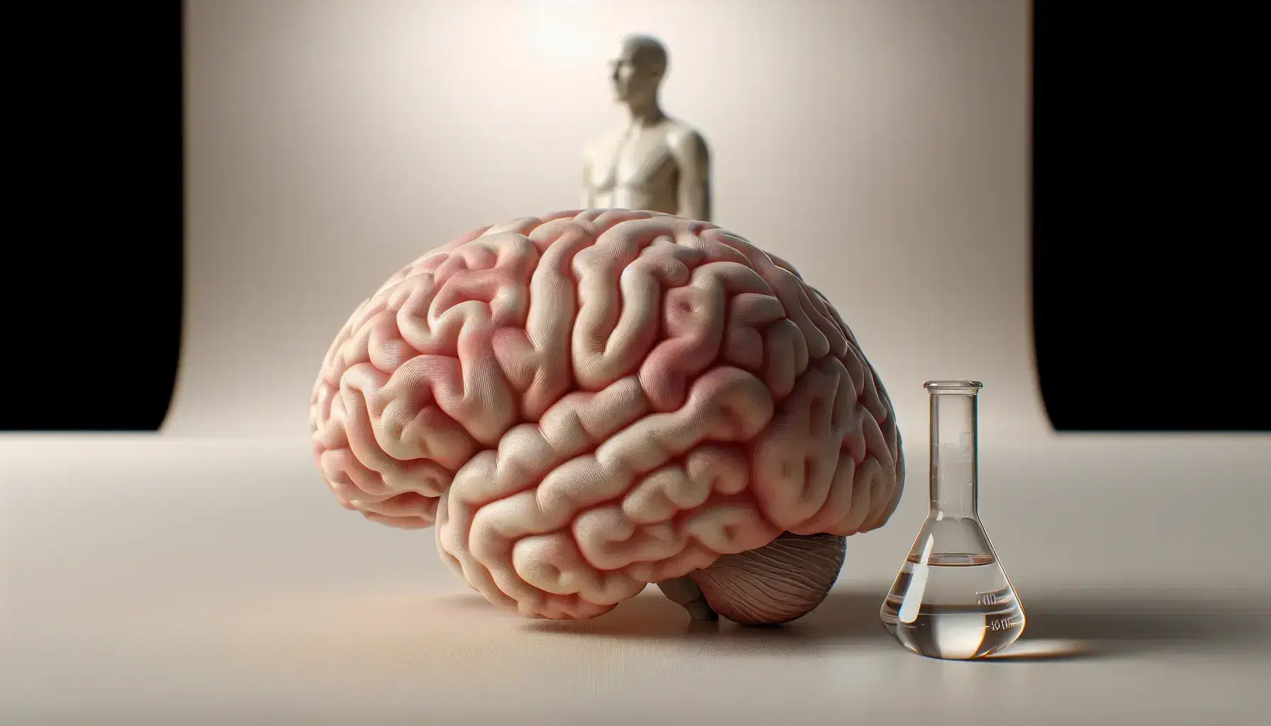 Detailed model of human brain with sulci and gyri on neutral background, glass flask with liquid in the foreground and translucent male figure in the background.