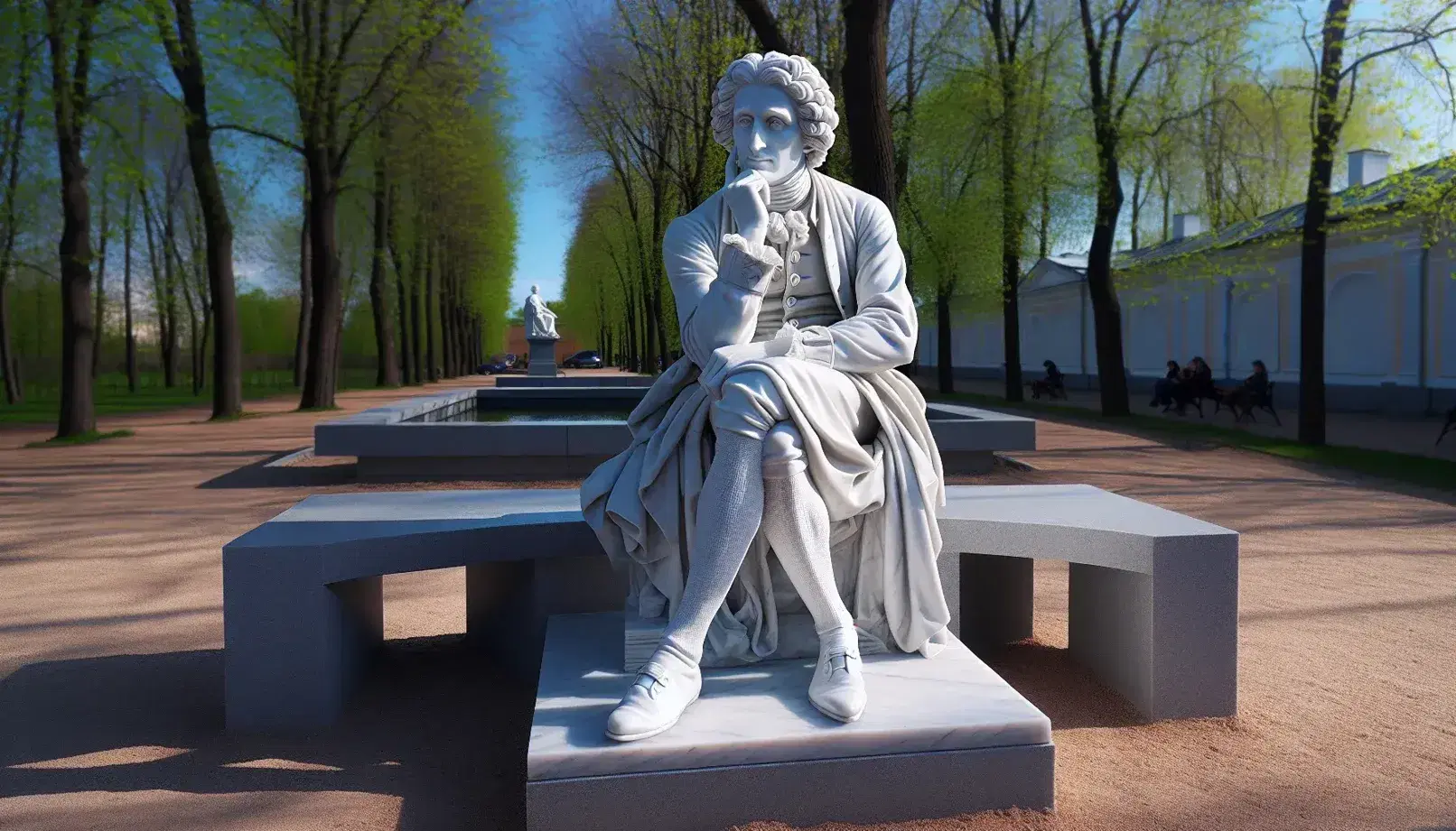 Statua in marmo bianco di filosofo pensieroso seduto su panchina in parco, con abiti del XVIII secolo e sfondo di alberi verdi.