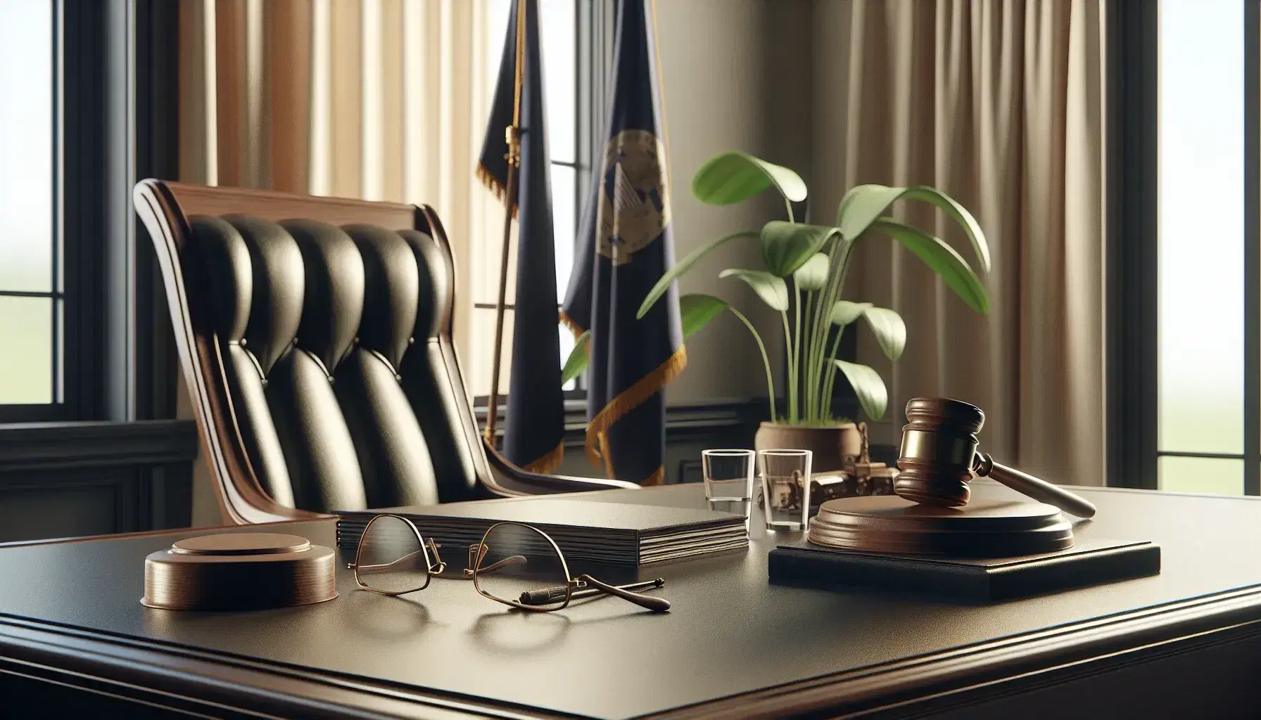 Escena de sala de juicio con mesa de madera oscura, mazo, gafas, papeles, silla de cuero negro, bandera sin símbolos y planta verde.