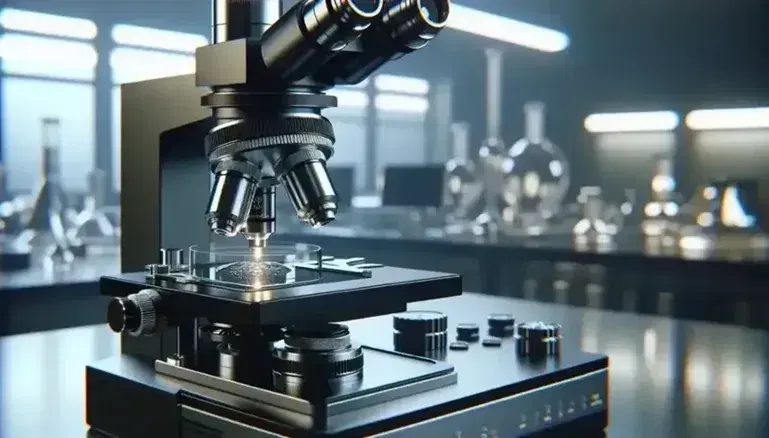 Primer plano de microscopio óptico moderno con objetivos enfocados y portaobjetos con muestra líquida en laboratorio.