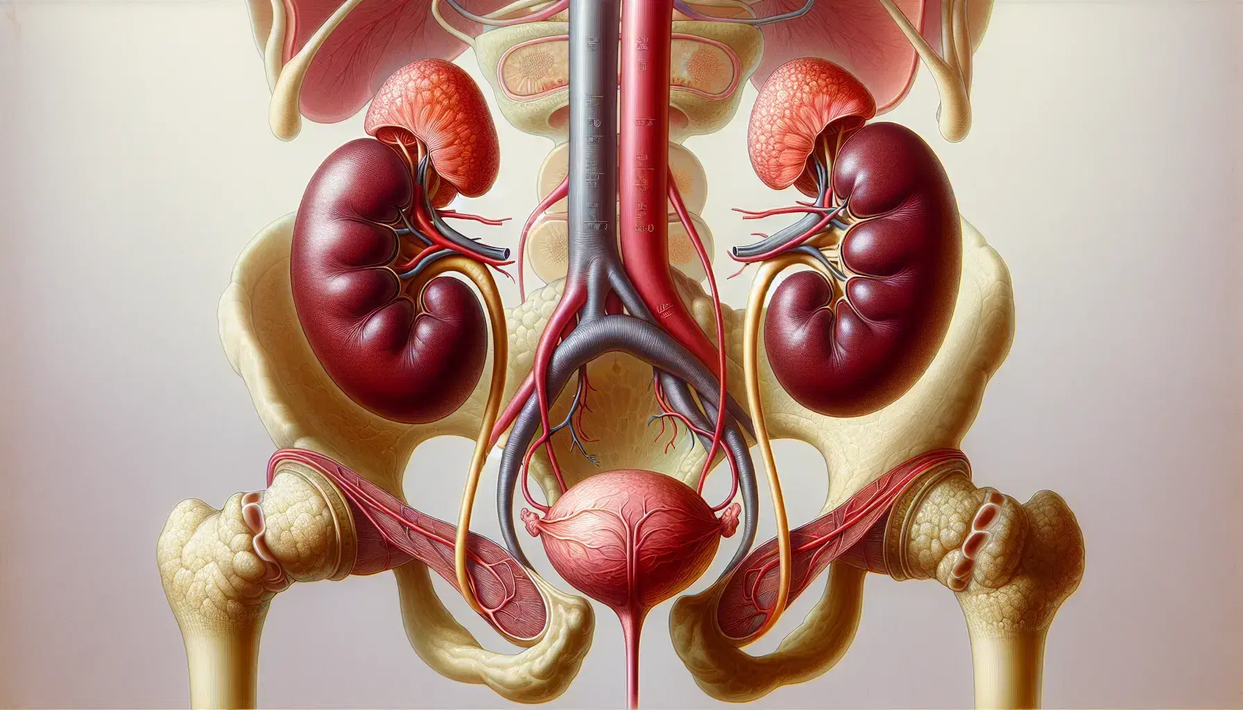 Sistema urinario humano con riñones rojos oscuros, ureteres amarillos pálidos, vejiga rosa claro y uretra, en fondo neutro.
