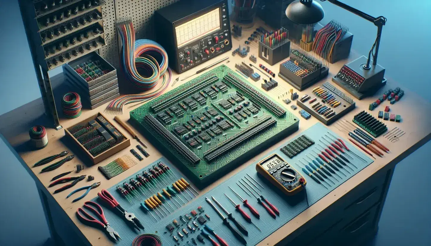 Hardware laboratory workbench with green circuit board, neat colored wires and tools such as multimeter and soldering iron.