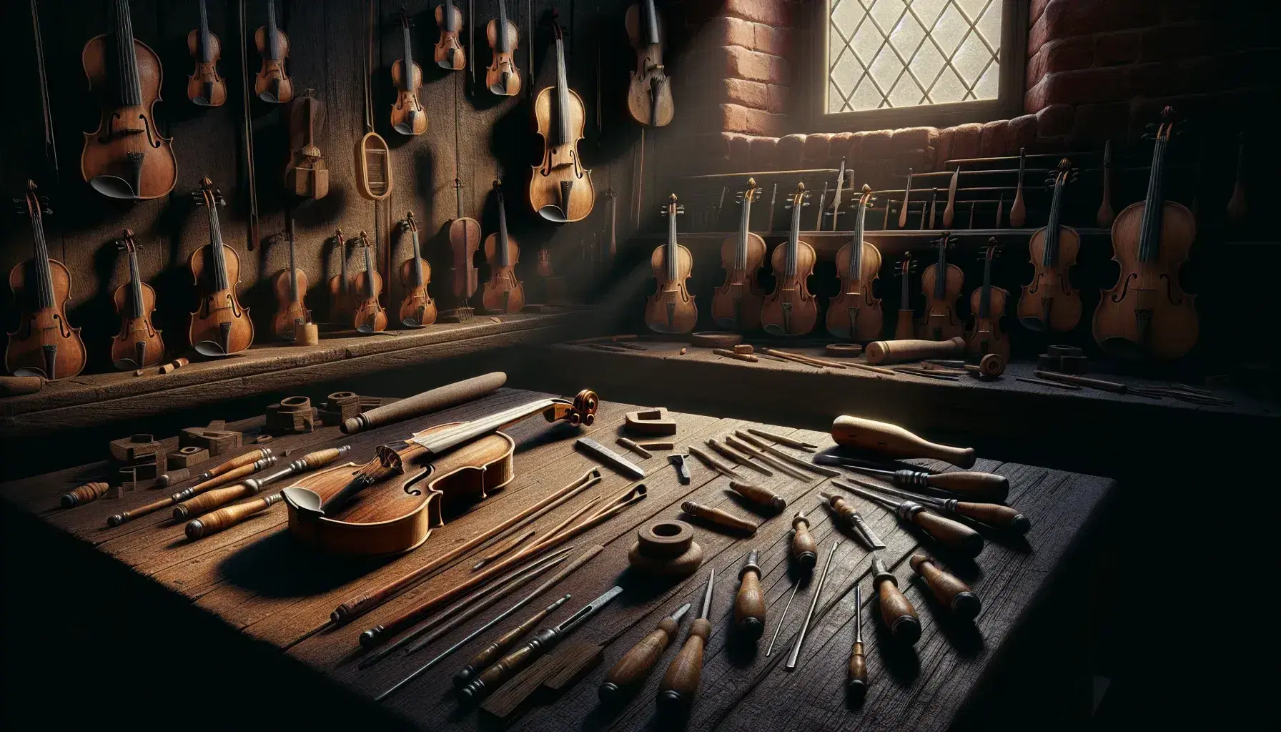 Bottega di liuteria antica con violino incompleto su banco di lavoro, strumenti di liuteria sparsi e strumenti a corda sullo sfondo.