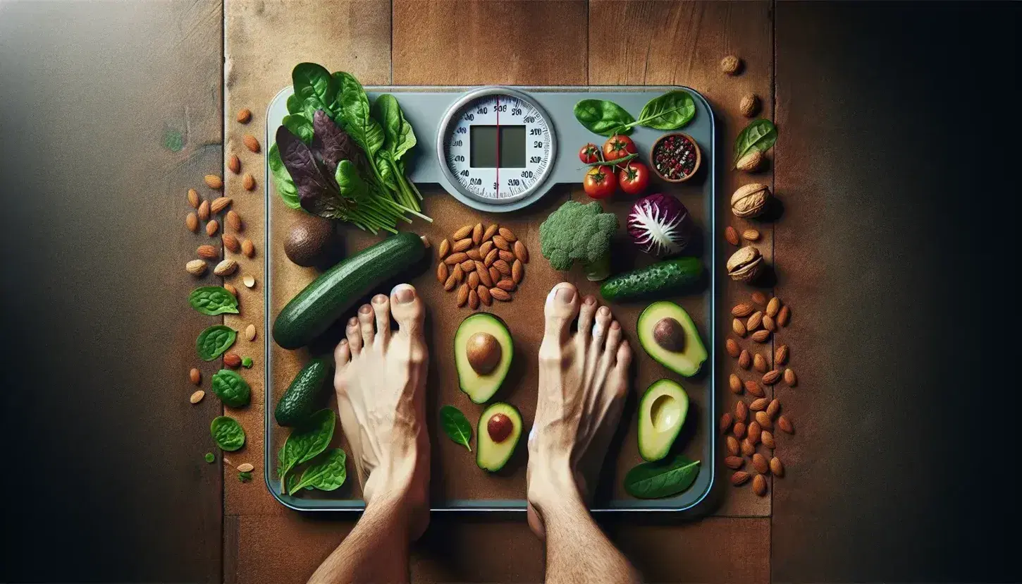 Bilancia digitale grigia con piedi di persona su pavimento in legno, accanto a verdure fresche, peperoni colorati, avocado e frutta secca.