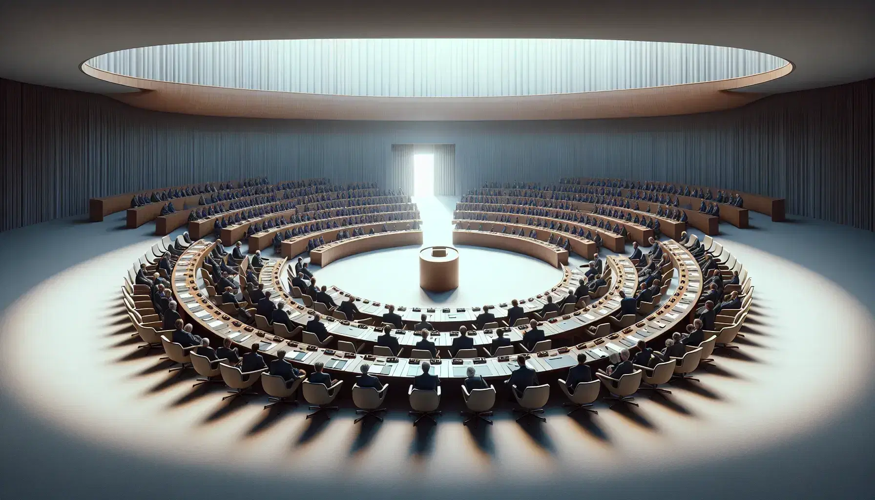 Large circular meeting room with rows of curved desks and blue upholstered chairs facing a central light wood podium, bathed in natural light from vertical windows.