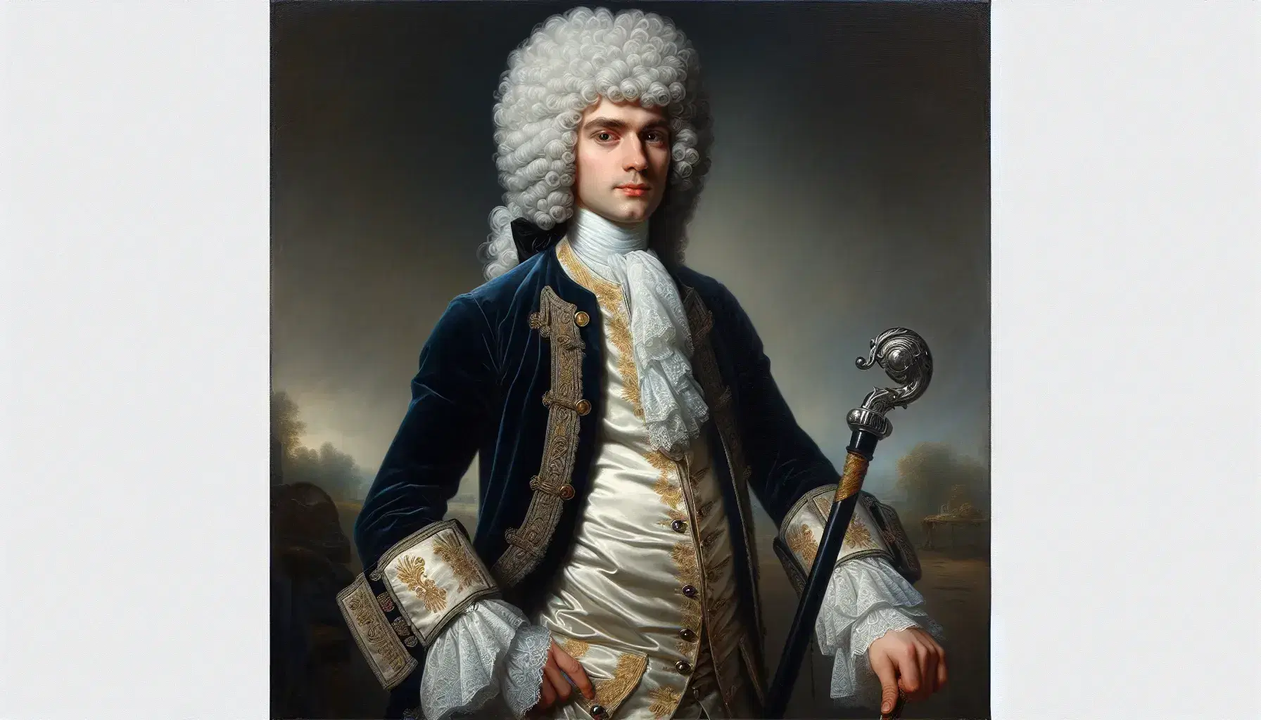 Retrato al óleo de hombre del siglo XVIII con peluca blanca, abrigo azul terciopelo y chaleco seda crema, sosteniendo bastón y espada.