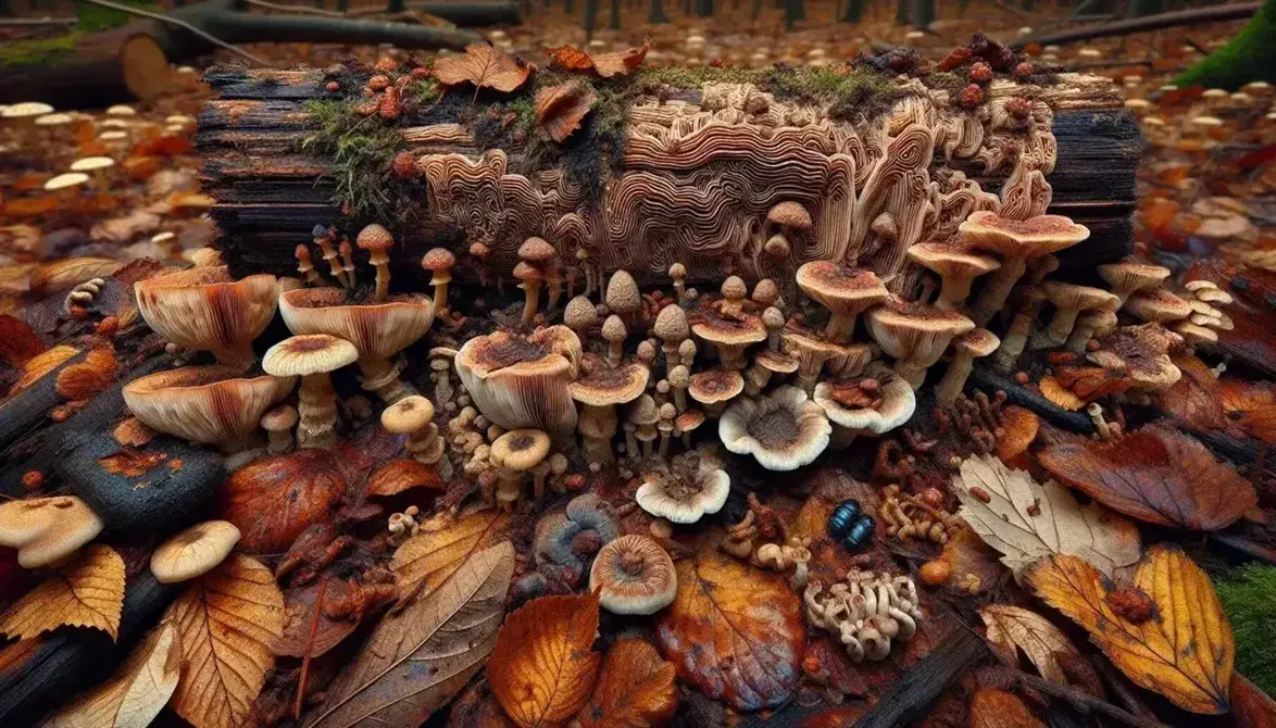 Decomposing log with moss and fungi surrounded by fallen leaves, mushrooms, and forest insects on a soft-lit forest floor.