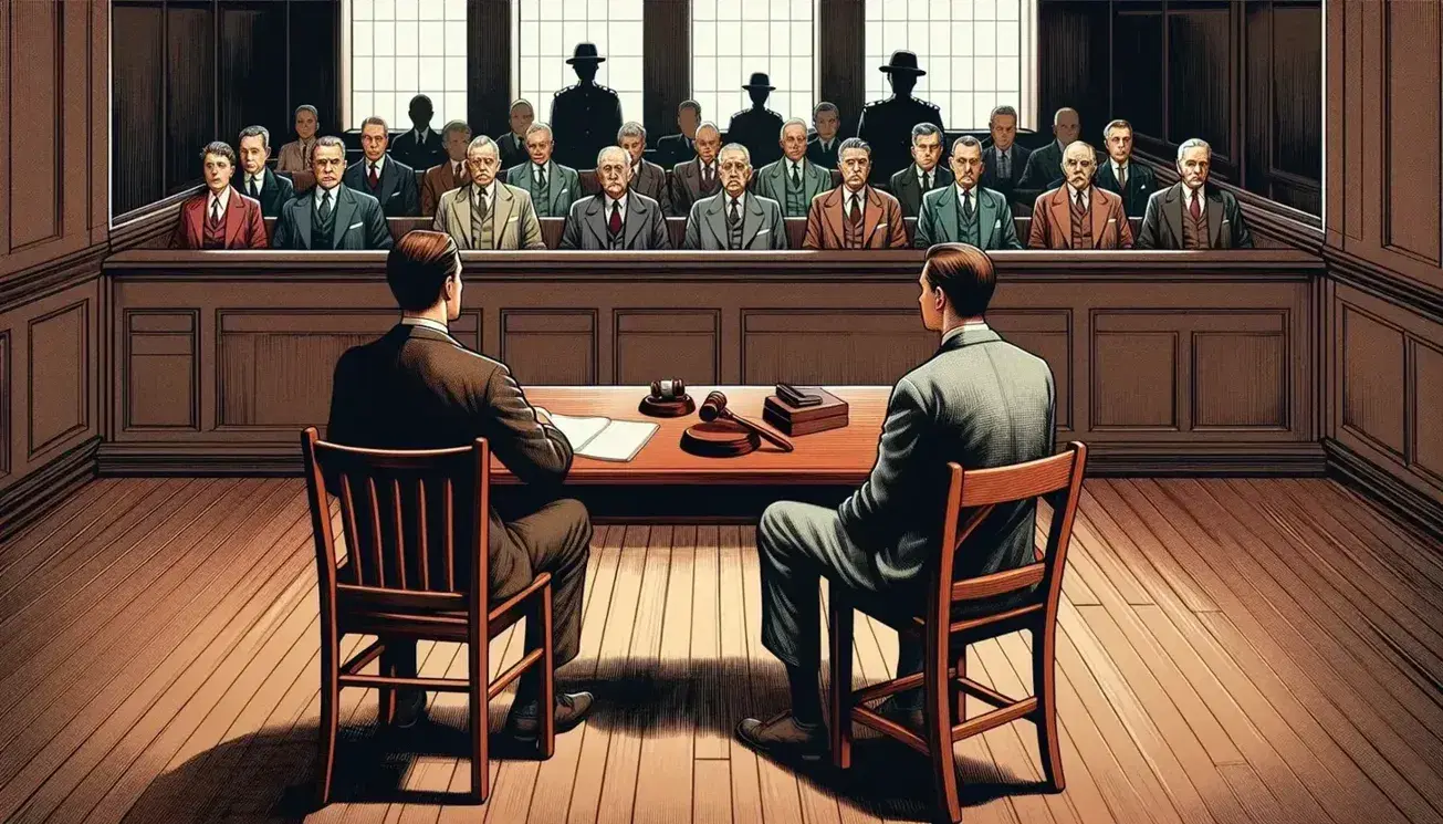 Courtroom scene with a man in a dark suit seated at the defense table, an empty chair beside him, a jury attentive in the background, and a bailiff standing to the side.