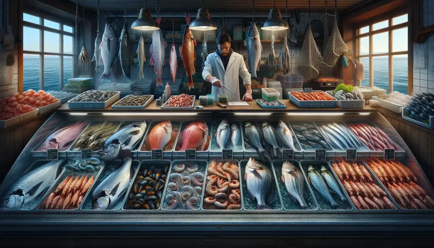 Banco del mercato ittico con varietà di pesce fresco, crostacei e molluschi, venditore e cliente, rete da pesca sullo sfondo.