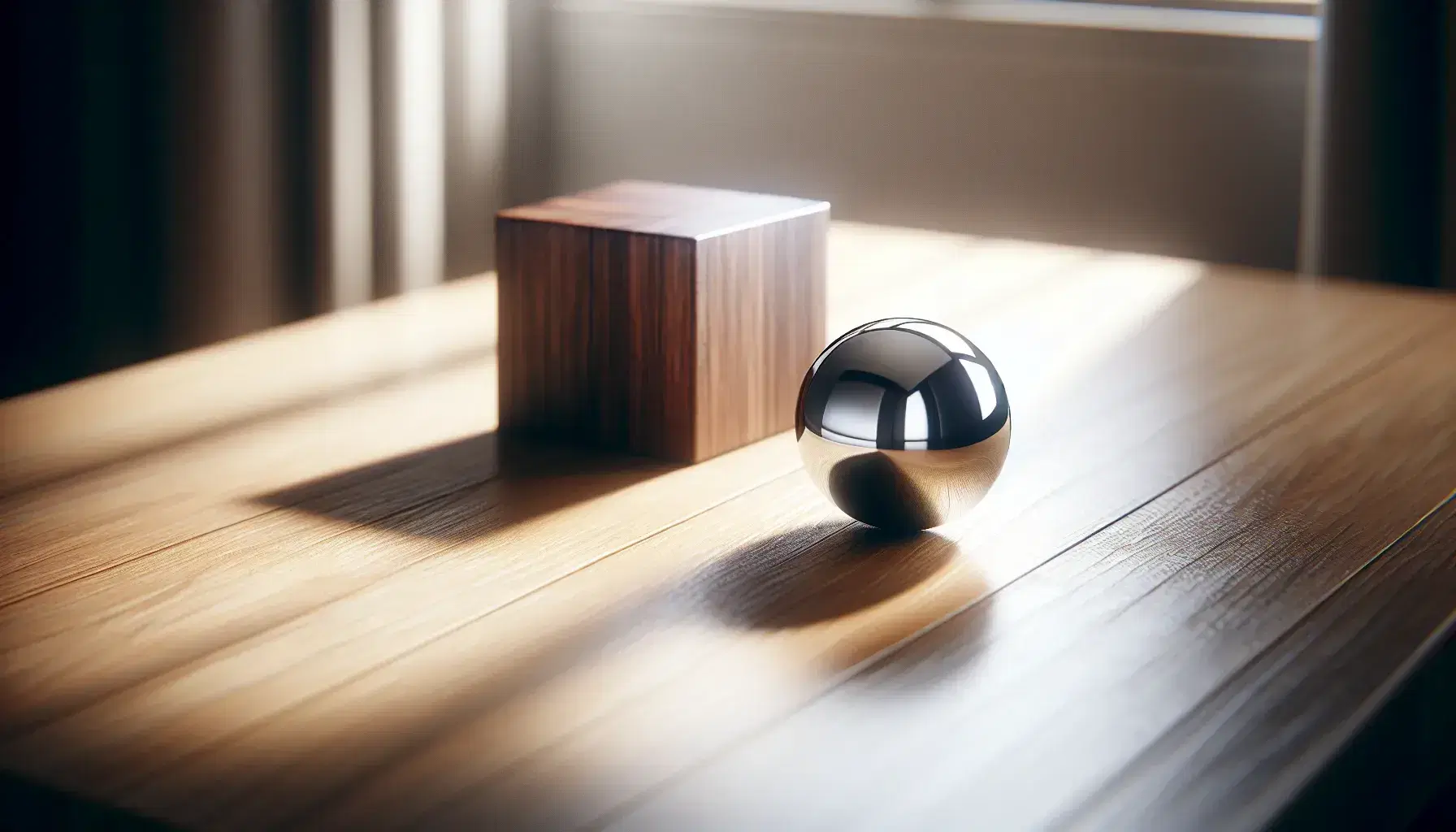 Esfera metálica plateada y cubo de madera marrón oscuro sobre mesa de madera clara con sombras suaves y fondo neutro desenfocado.