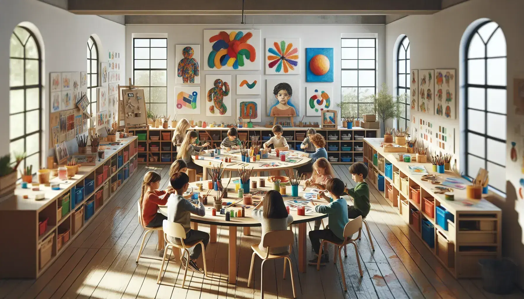 Niños de diversas edades participan en actividades artísticas en un aula iluminada, rodeados de materiales de arte y obras en las paredes, bajo la supervisión de un adulto.