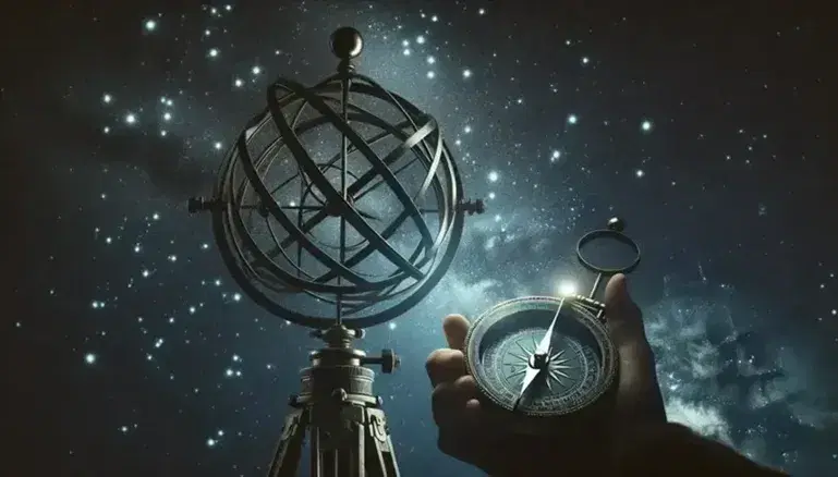 Cielo stellato notturno con sfera armillare, telescopio astronomico e mano che tiene bussola nautica, strumenti antichi per osservazioni astronomiche.