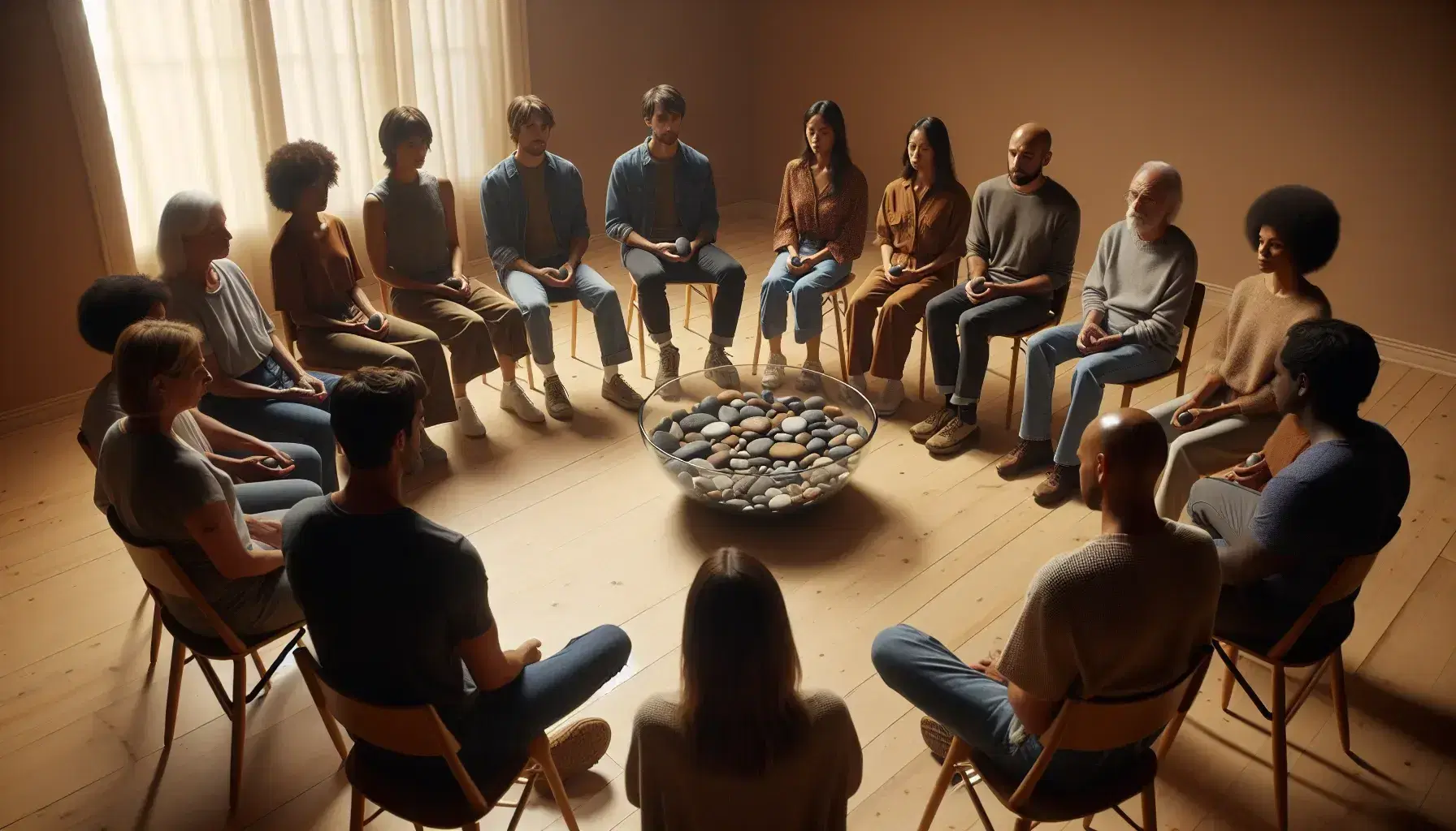 Diverse group in a circle participating in a communal stone-placing ritual, reflecting unity and contemplation in a serene room.