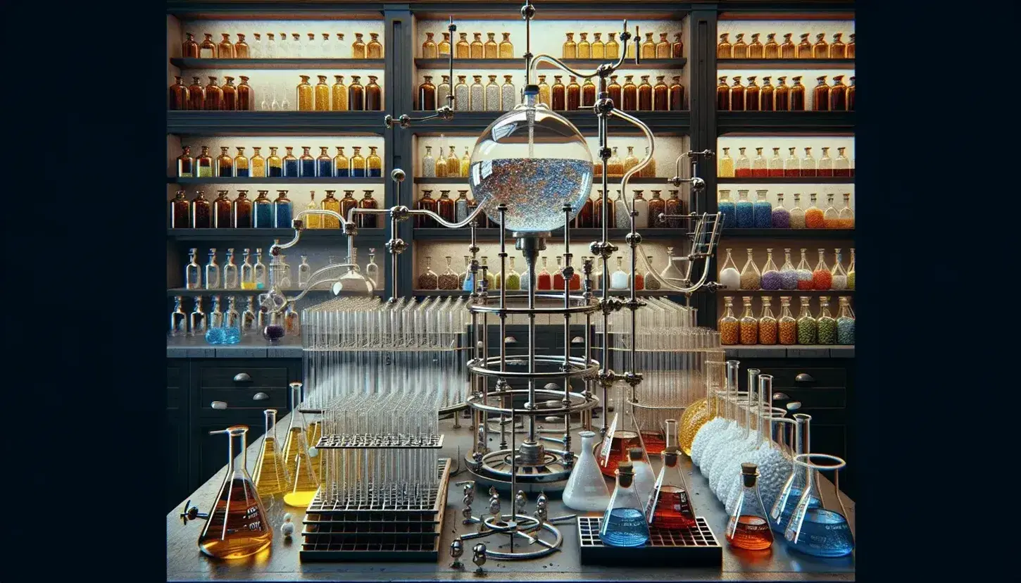 Laboratorio di chimica organica con tavolo attrezzato, contenitori di vetro con liquidi colorati, bruciatore Bunsen, mensole con bottiglie e microscopio.