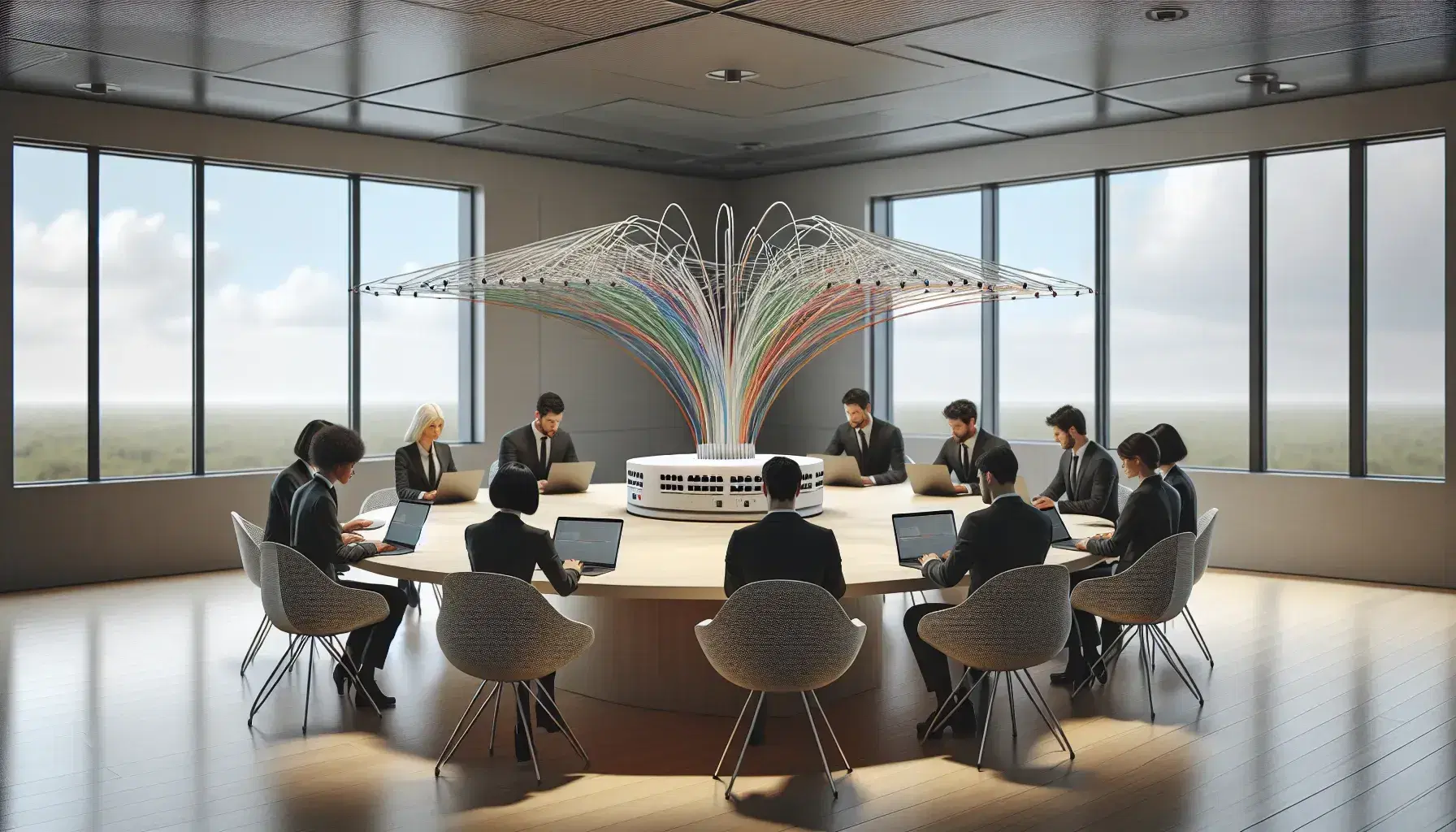 Multi-ethnic group sitting around a circular wooden table, working on silver laptops connected to a central network hub mockup.