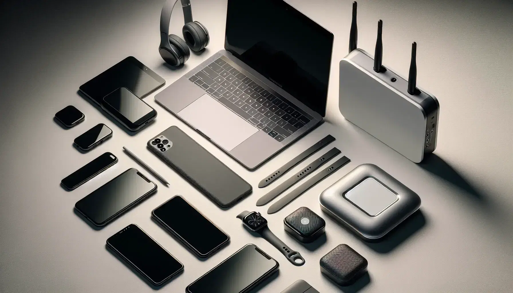 Dispositivos electrónicos organizados en superficie clara incluyen portátil gris, smartphone encendido, tablet apagada, router blanco y auriculares inalámbricos.