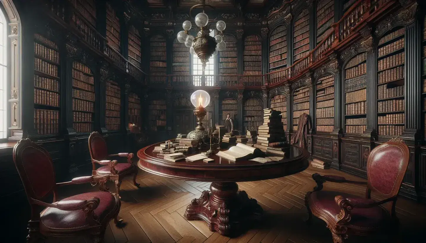 Biblioteca settecentesca con scaffali in legno scuro pieni di libri rilegati, tavolo ovale centrale, lampada in ottone e finestre ad arco.