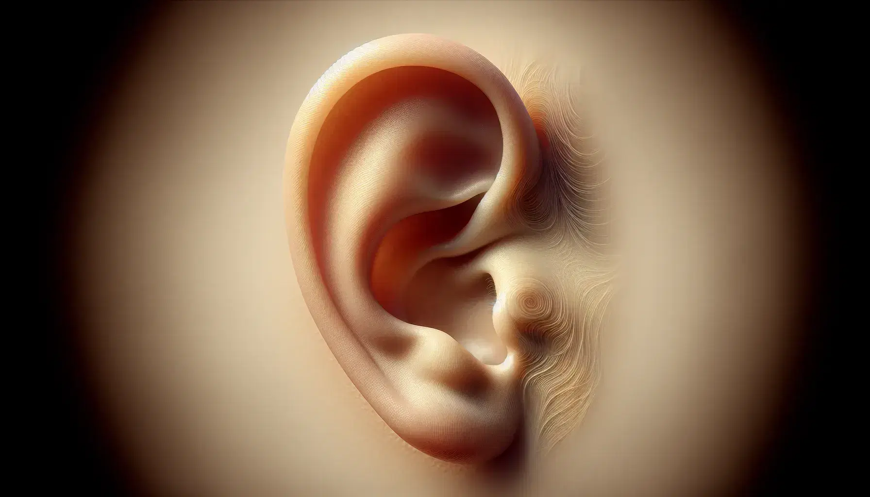 Close-up view of a human ear highlighting the pinna, ear canal entrance, tragus, and lobule against a blurred neutral background.
