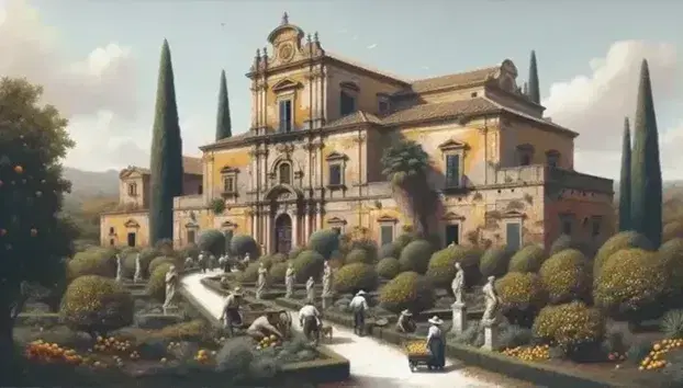 Casa nobiliare siciliana ottocentesca con giardino mediterraneo, statue classiche, contadini al lavoro e fontana con leone.