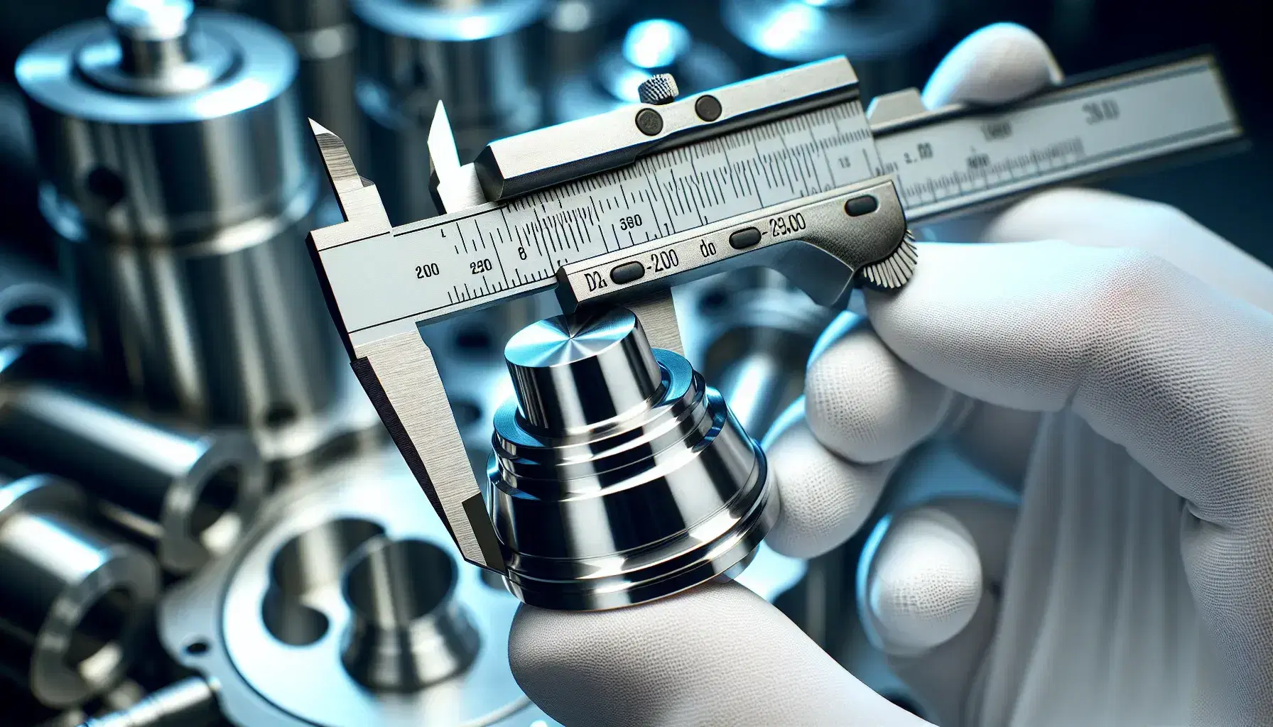Mano con guantes blancos utilizando un calibre vernier de acero inoxidable para medir una pieza mecánica cilíndrica pulida en un entorno industrial desenfocado.