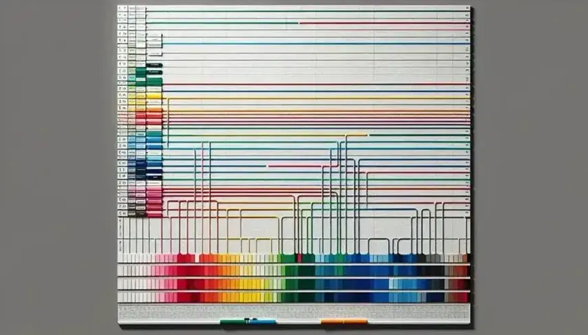 Pizarra magnética con rectángulos de colores alineados en filas sobre guías horizontales y marcadores a juego en repisa inferior, sin texto visible.