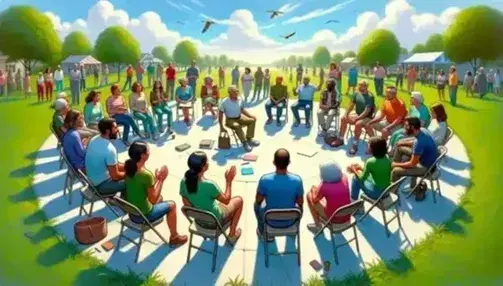 Grupo diverso de adultos en reunión al aire libre en un parque, sentados en sillas de colores alrededor de una mesa con papeles y una planta.