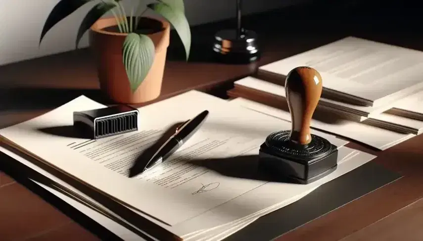 Escritorio de madera oscura con documentos, sello de goma, tampón de tinta negro y bolígrafo metálico, junto a planta en maceta terracota.