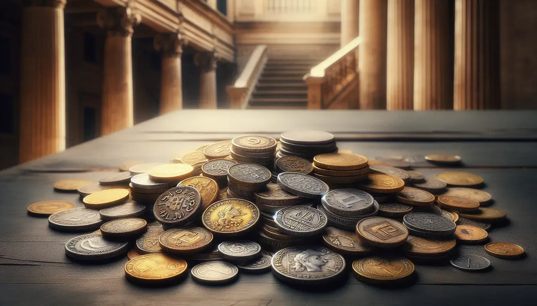 Colección de monedas antiguas y modernas sobre superficie de madera oscura con estructura neoclásica desenfocada al fondo, iluminación suave y natural.