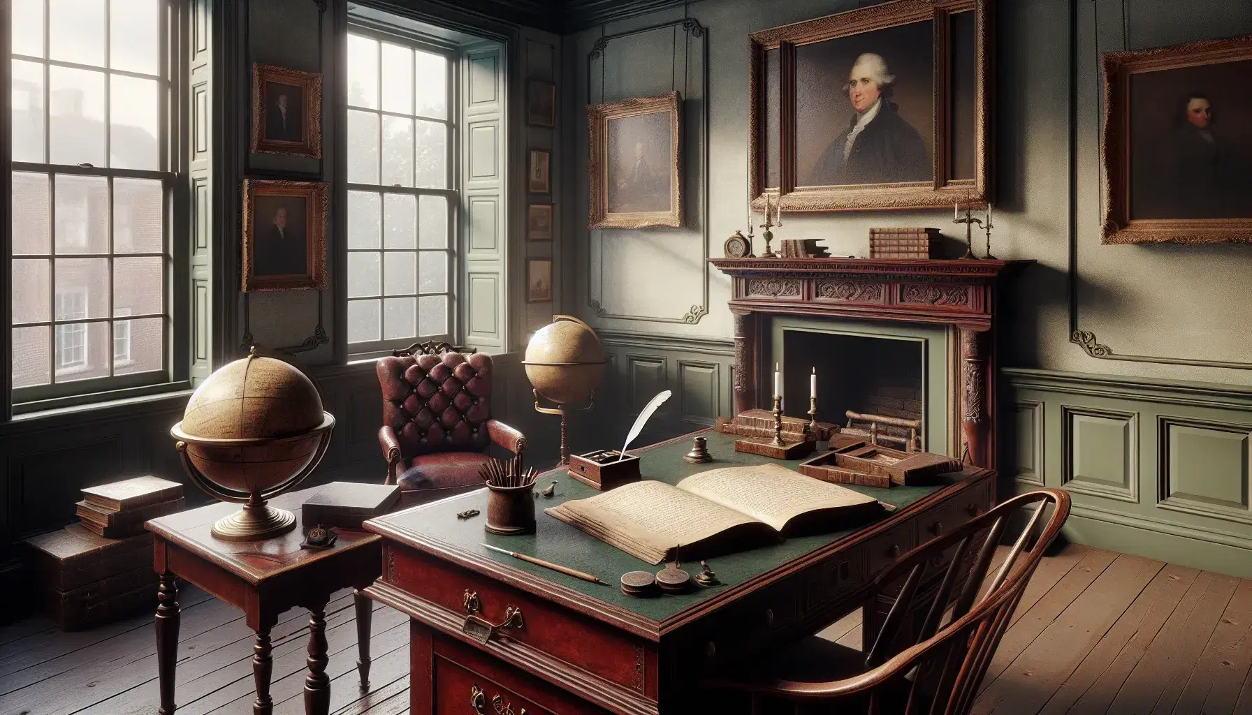 Elegant colonial-era study with a mahogany desk, open book, quill, inkwell, and a high-backed chair, bathed in natural light beside a stately fireplace.