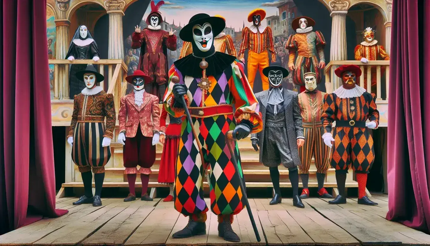 Attori in costume Commedia dell'Arte su palco esterno: Arlecchino al centro, Pantalone a sinistra e il Dottore a destra, con scenografia rinascimentale.