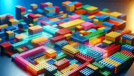 Bloques de construcción tipo Lego en colores vivos formando una estructura tridimensional sobre superficie plana, con piezas adicionales desenfocadas al fondo.