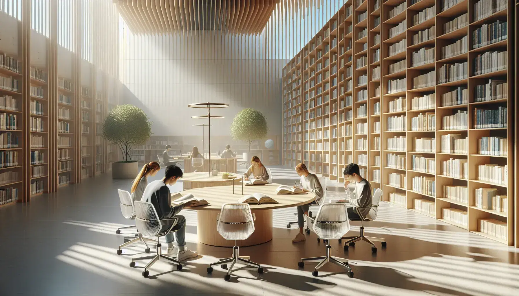Biblioteca moderna y luminosa con estanterías de madera llenas de libros, mesa redonda y sillas transparentes ocupadas por estudiantes estudiando.