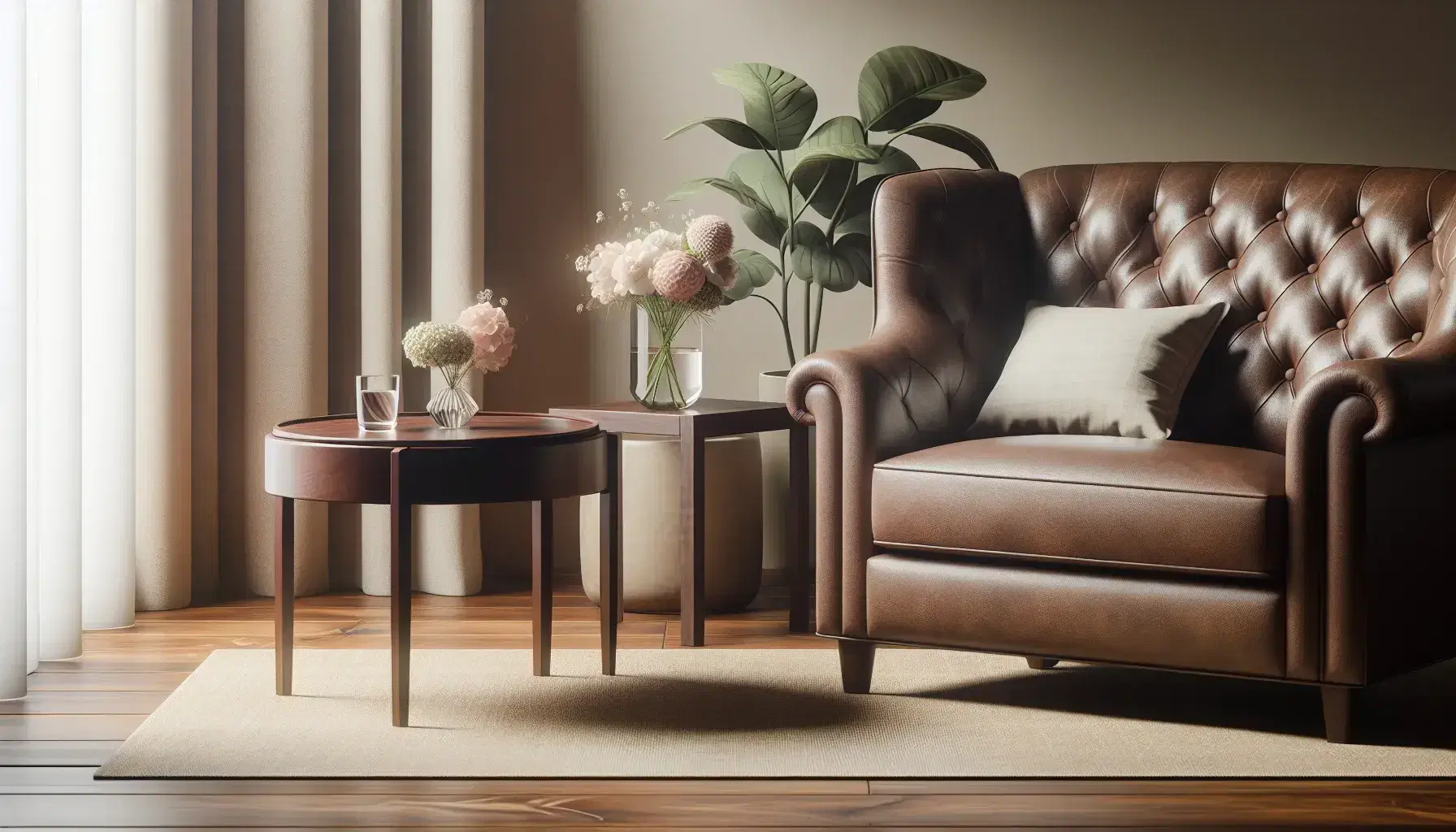 Cozy therapeutic office with brown leather armchair, beige sofa, coffee table with fresh flowers and green plant on calm blue background.