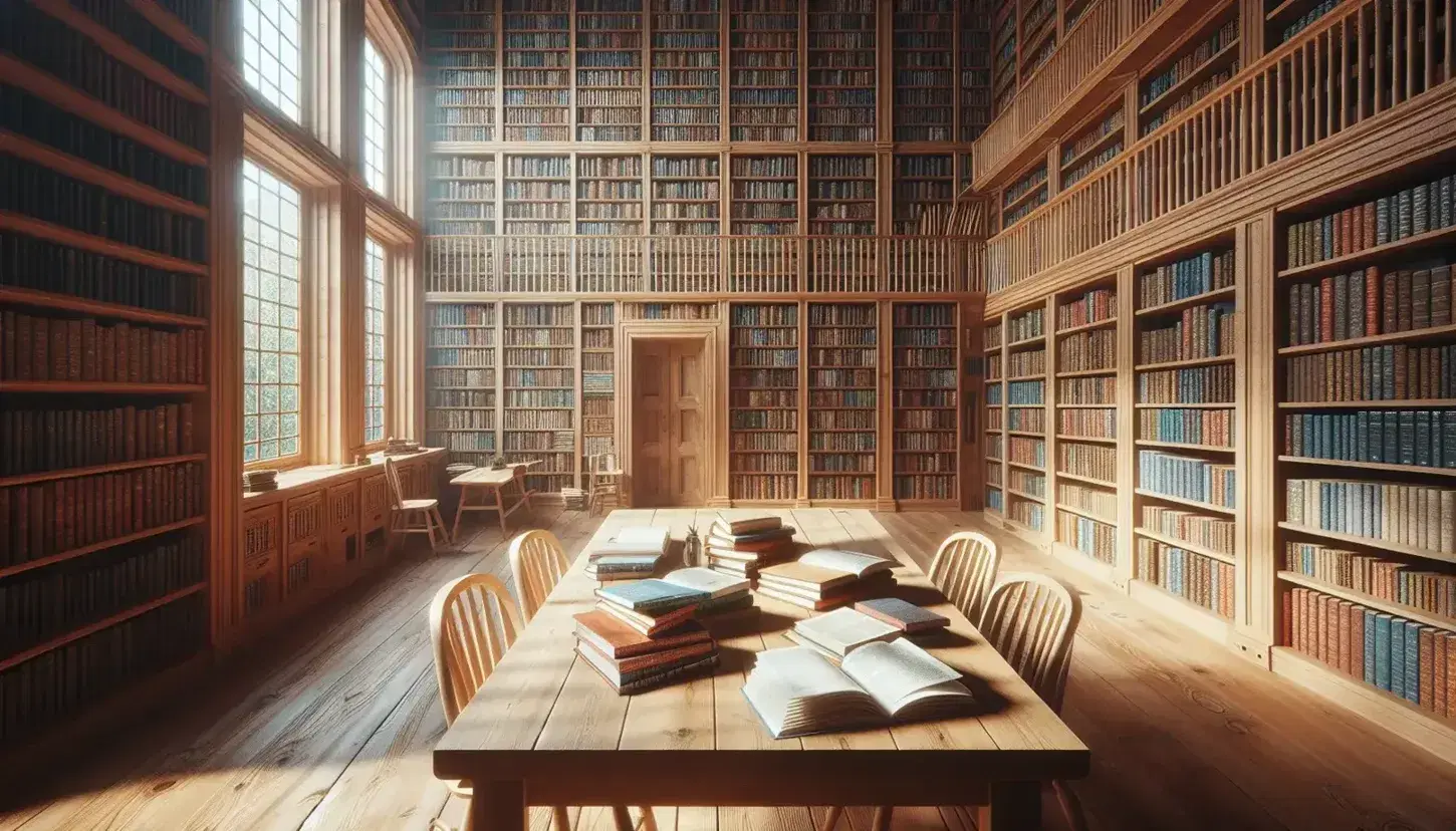 Biblioteca acogedora con estanterías de madera llenas de libros, mesa con libros abiertos y ventana grande que ilumina el espacio.