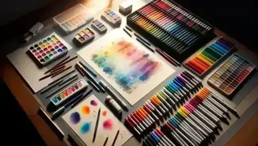 Mesa de trabajo iluminada con materiales de arte, papel con trazos coloridos, marcadores y lápices de colores ordenados por tonalidad.