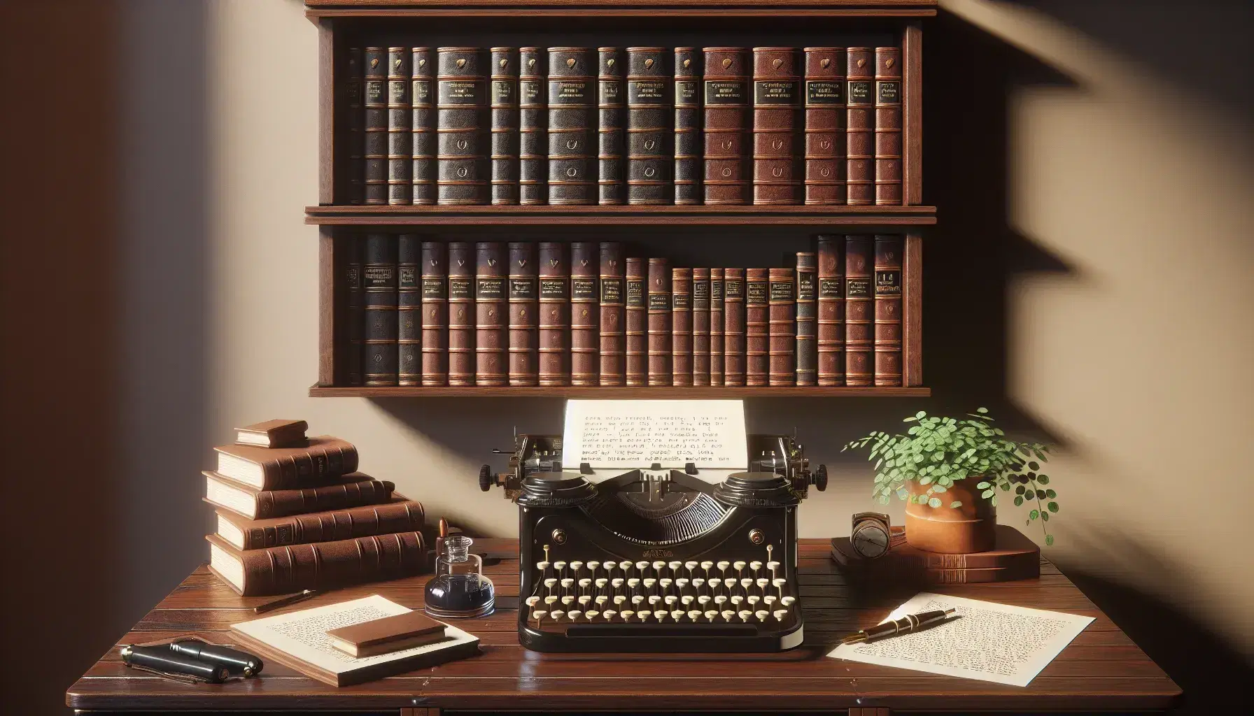 Scrivania in legno scuro con macchina da scrivere vintage, pila di fogli, libri rilegati, penna stilografica e calamaio su sfondo sfocato.