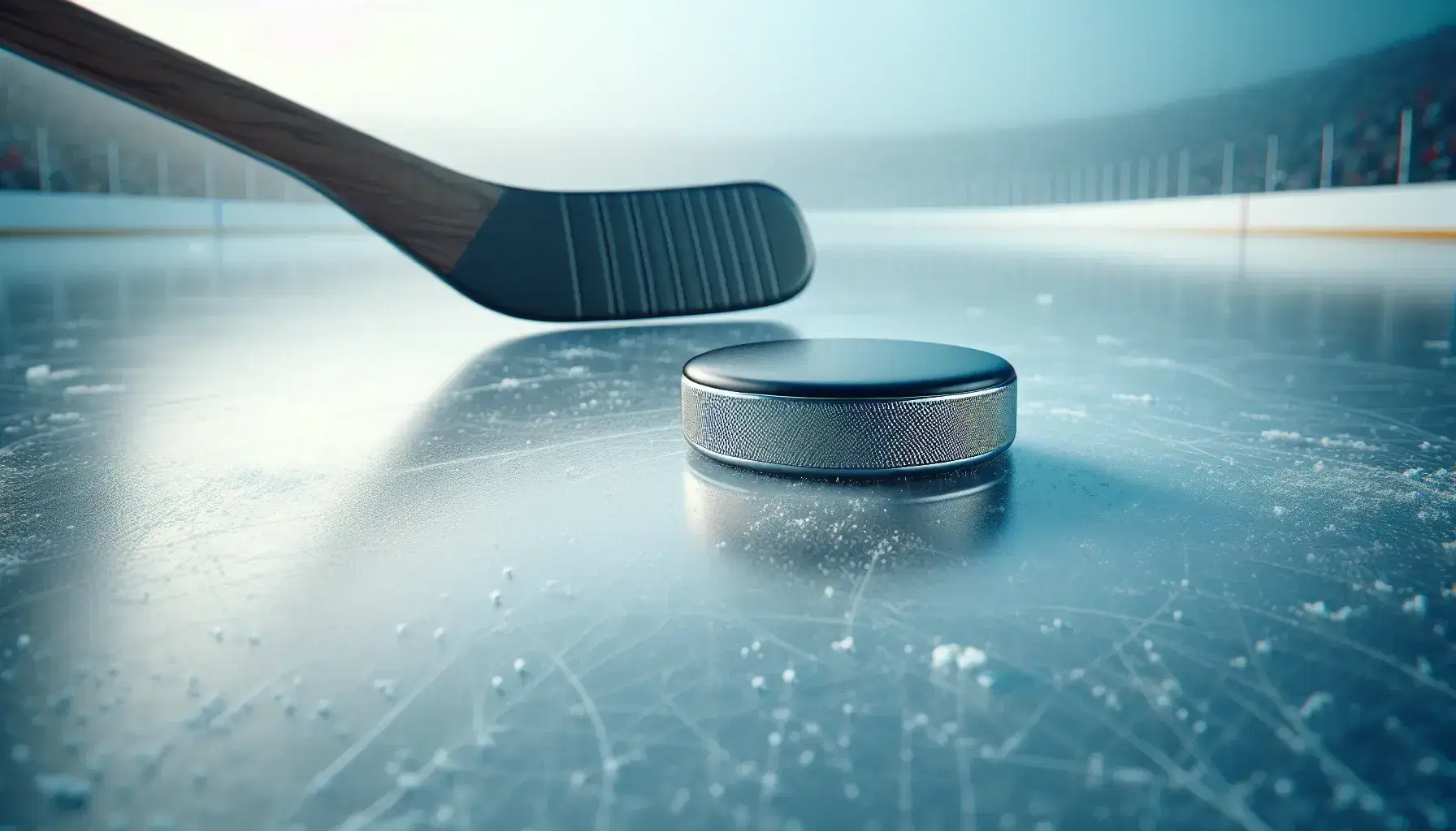 Silver hockey puck on icy surface with hockey stick poised for strike, reflecting soft blue hues on a well-lit rink with white dasher boards.