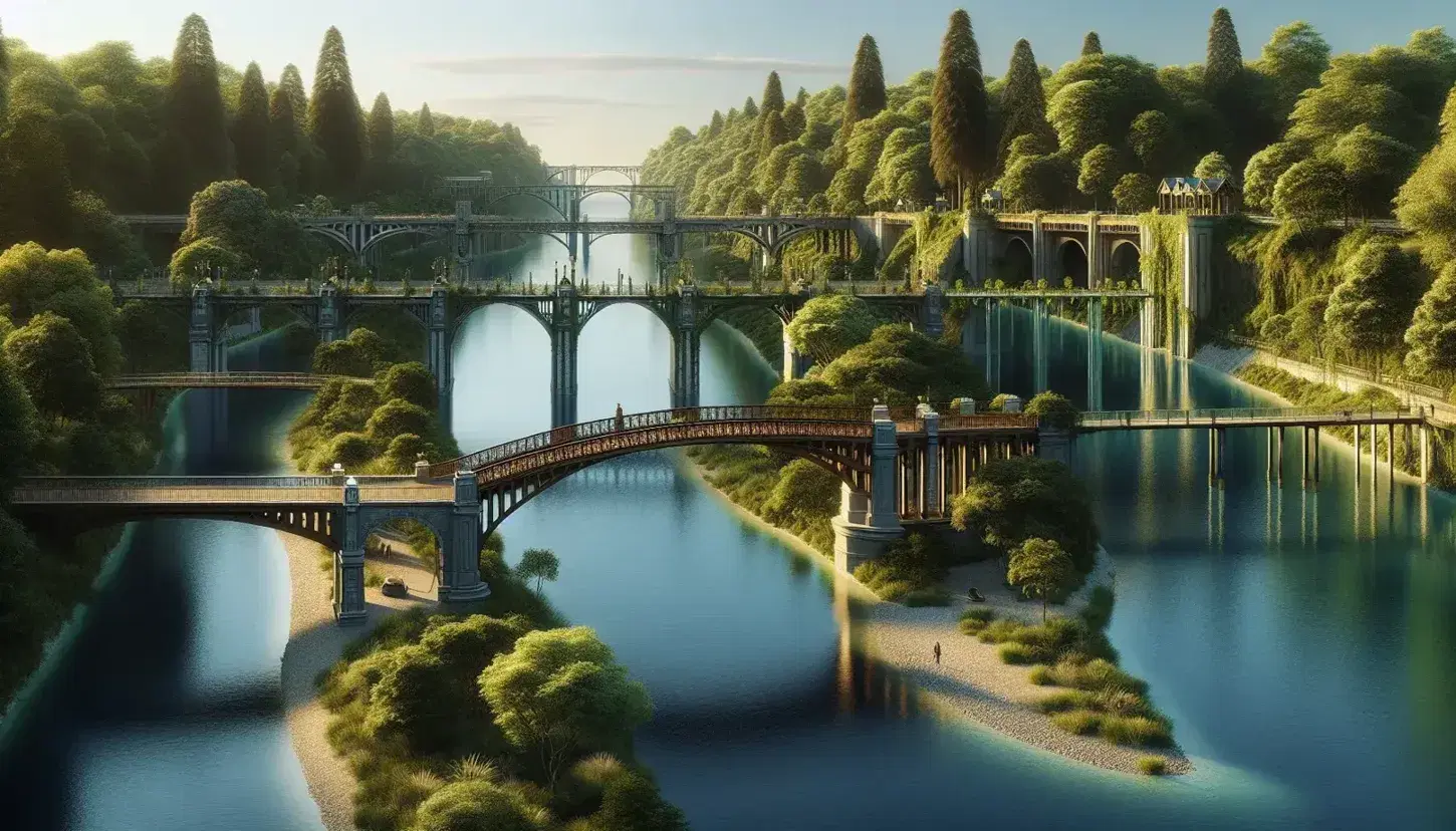 Ponti in sequenza su fiume con sponde alberate, da rustico in legno a moderno in acciaio e vetro, al tramonto.
