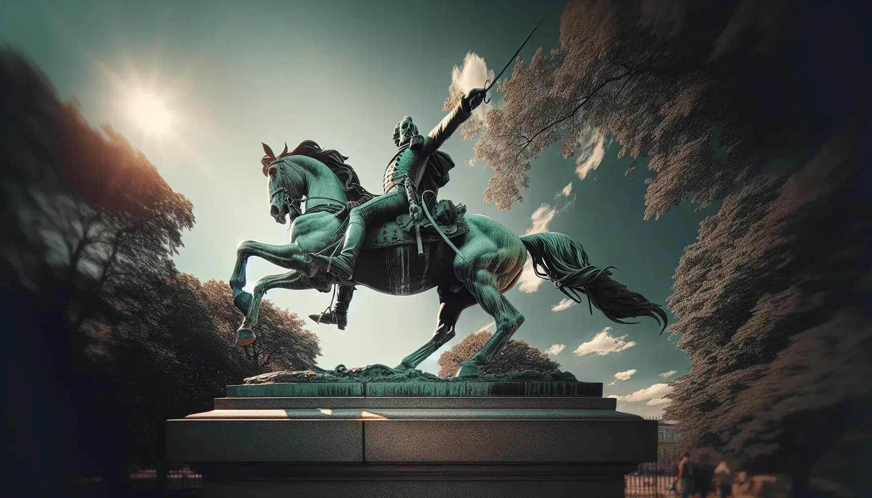 Estatua ecuestre de bronce de un militar del siglo XIX montando a caballo erguido, con espada en alto, bajo un cielo azul con árboles al fondo.